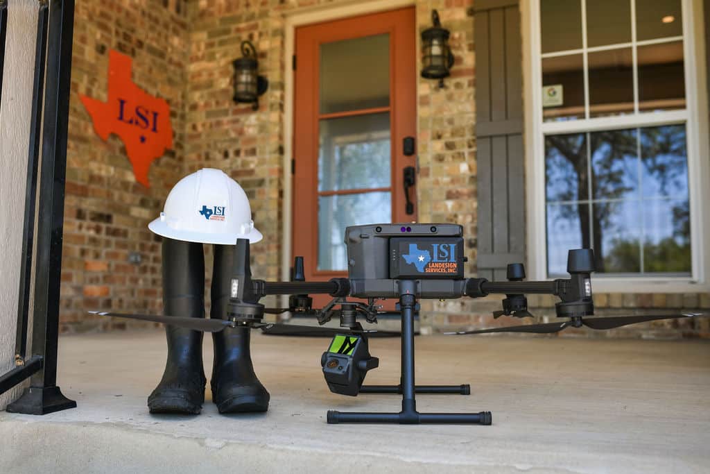 Drone and work boots with hard hat by Landesign Services, Inc. on front porch of business